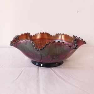 Vintage Northwood Stippled Rays Ruffled Bowl Amethyst Iridescent Carnival Glass